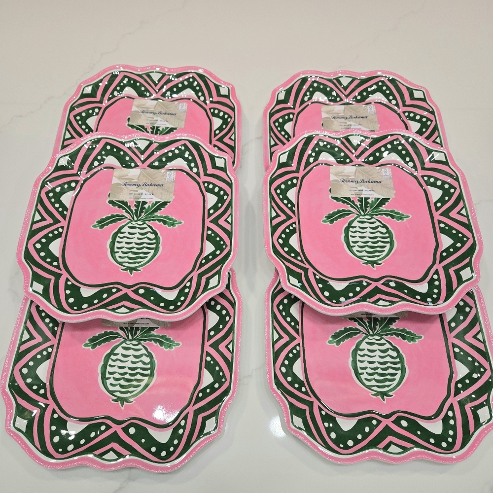 Tommy Bahama Melamine Pink And Green Pineapple Salad  Plates  Set Of 6 New
